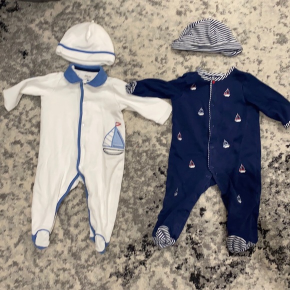 Little Me Other - 2 Little Me footed bodysuits w/hats. 9M. Sailboats! Baby Boy 💙👶🏼